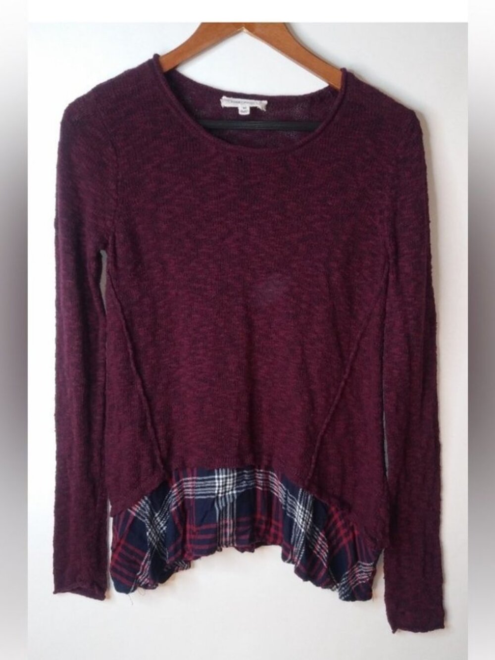 Cloud Chaser M Preppy Sweater Knit Layered Top in Maroon Plaid Trim